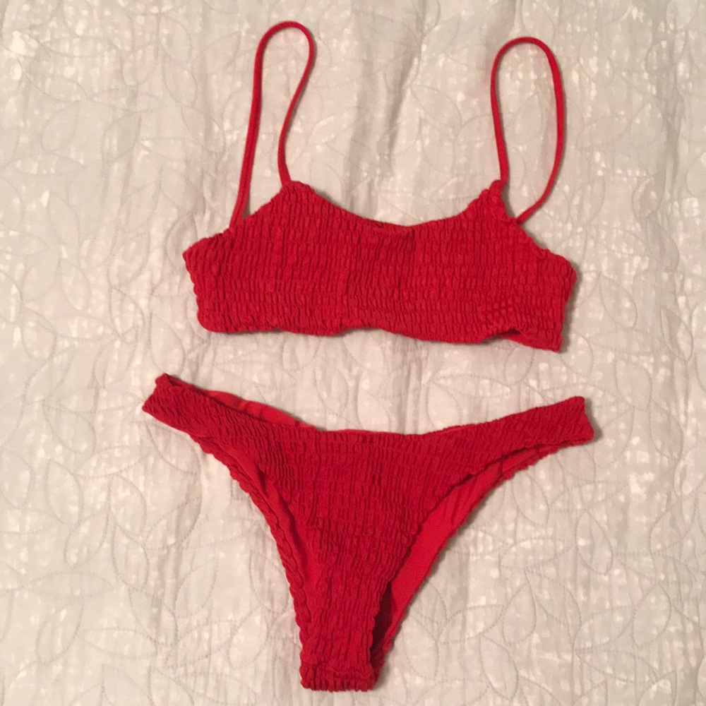 small red zaful 2 piece bikini ruffle bathing suit